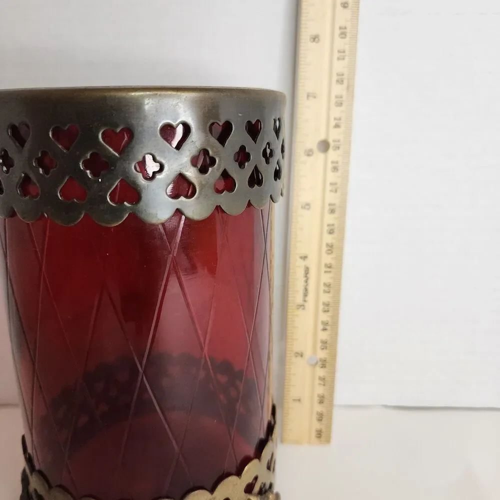 Vintage Bohemian Footed Ruby Red Diamond Cut w/Brass  Trim 7